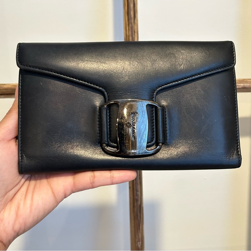 Salvatore Ferragamo Black Continental Leather Wallet with Buckle